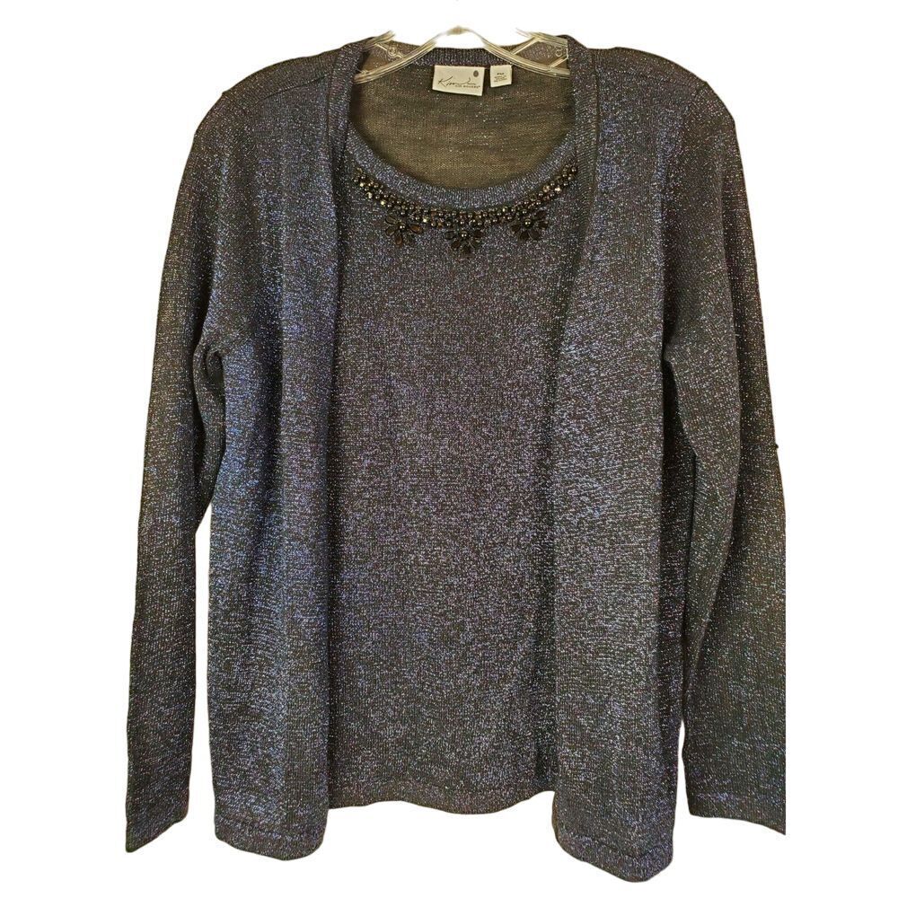 Kim‎ Rogers Women's Blue Shimmer Sweater Jet Bead Neckline Size PM
